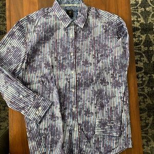 Blue, brown striped, purple flowered men’s shirt